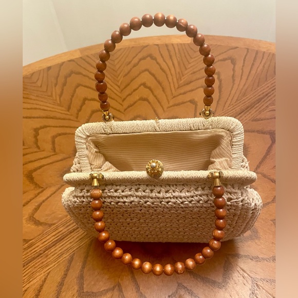 Vintage Italian Woven Rattan Brown Beaded Clutch Mini HandBag Purse Boho - Picture 5 of 10